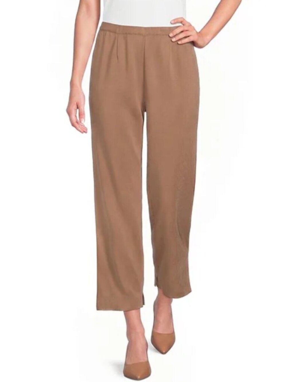 Ming Wang Knit Flat Front Straight Leg Pant Tan Women's Size L Minimalist Career